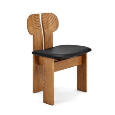 a wooden chair with black leather seat pad on the back and side, against a white background