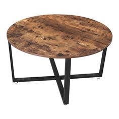 a round wooden table with metal legs on an isolated white background for use as a coffee table