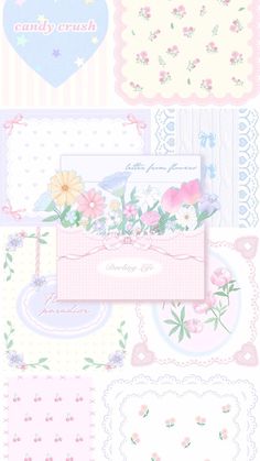 a bunch of papers with flowers and hearts on them, all in pastel colors