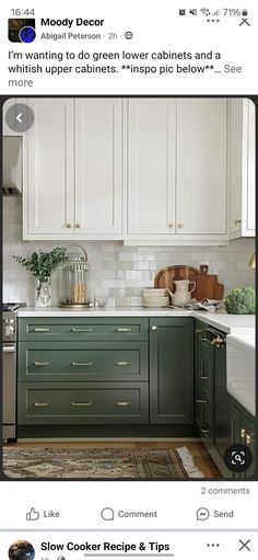 a kitchen with white cabinets and green cupboards on the bottom right hand corner is an instagram post about how to use it