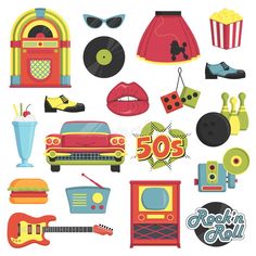 an assortment of retro styled items on a white background