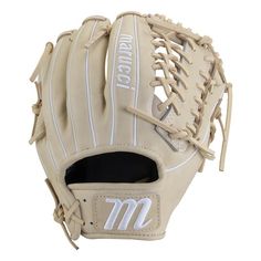 a baseball glove with the word m on it's front and side panels in white