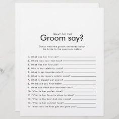 what did the groom say? card with question mark in black ink on white paper