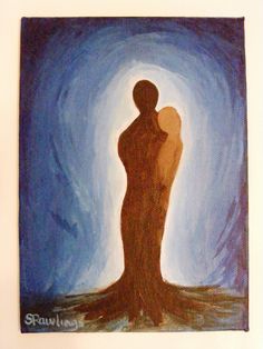 a painting of a person standing in front of a blue sky