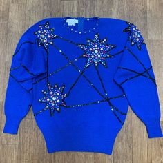 Rare Antonella Preve New York Royal Blue Sweeter Embroidered Studded And Sequined Stars Size Small. This Sweeter Is Stunning! A True Statement From The Late 80's 90's Or Early 2000’s. Not Exactly Sure About Which Of These Years Is From But Certainly Is Unique And Bring Some Nostalgia And Fabulous Vibes.Timeless Piece To Wear In Any Decade. It Has Minor Signs Of Wear And Imperfections On The Sequins, Not Very Noticeable. The Studs And Stones Are Intact. It Has Small Spot On The Front Part, Not Very Noticiable And May Come Off. This Is Shown In Pictures, Please See This Along With Measurements. Item Is Priced Accordingly. Ideal For The Holidays Or New Year's Eve! Smoke And Pet Free Home. Hav Early 2000’s, Vintage Knitting, New Year's, Yorkie, Royal Blue, Special Occasion, Sweaters For Women, Im Not Perfect, Bring It On