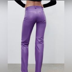 Zara Purple Faux Leather Pants Full-length Leather Bottoms For Spring, Full Length Leather Bottoms For Spring, Spring Leather Straight Pants, Spring Straight Leg Leather Bottoms, Spring Straight Leather Pants, Straight Leg Leather Bottoms For Spring, Chic Faux Leather Straight Leg Pants, Chic Straight Leather Pants With Pockets, Leather Trousers For Spring