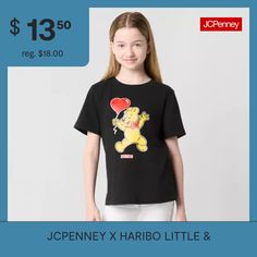 Part of the JCPenney x HARIBO limited-time collection, with the addition of this golden bear heart graphic t-shirt, your little or big girl's wardrobe will be as adorable as she is. Cut in a classic-fit, it's made from soft, stretch, cotton-jersey with a crew neckline and short sleeves. Wear it with everything from shorts to jeans.Features: Easy CareClosure Type: Pullover HeadFit: Classic FitNeckline: Crew NeckSleeve Length: Short SleeveApparel Length: 20 InchesFiber Content: 68% Cotton, 27% Po… Trendy Graphic Print T-shirt For Playwear, Black T-shirt With Graphic Print For Casual Wear, Graphic Print Crew Neck T-shirt For Playwear, Golden Bear, Heart Graphic, Girls Wardrobe, Stretch Cotton, Crew Neckline, Shirt Shop