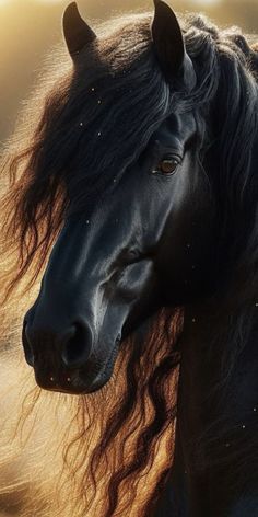 a black horse with long manes standing in the sun light, looking to its left