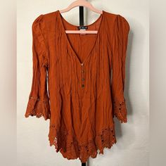 Nwot Venus Burnt Orange Long Sleeve Blouse Size Small Rayon Top For Vacation In Fall, Fall Vacation Rayon Blouse, Vacation Rayon Blouse For Fall, V-neck Peasant Top For Fall Vacation, Rayon Blouse For Fall Vacation, Fall Beach Blouse With 3/4 Sleeves, Fall 3/4 Sleeve Rayon Tops, Long Sleeve Rayon Tops For Brunch, Fall Rayon Tops With 3/4 Sleeves