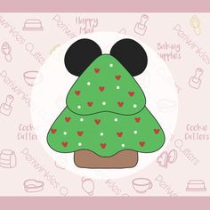 a green christmas tree with mickey mouse ears on it's head and hearts all over the top