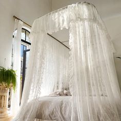 a white canopy bed in a bedroom next to a potted plant