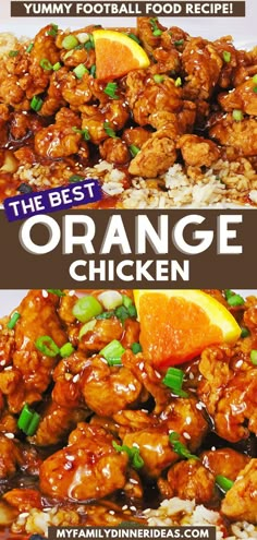 the best orange chicken recipe is served with rice and garnished with green onions