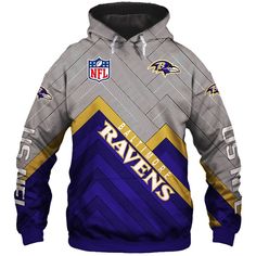 the baltimore ravens hoodie is shown in grey and gold, with an image of the team's logo on it