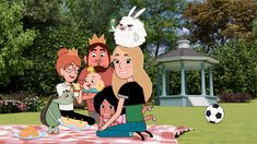 cartoon characters sitting on a picnic blanket in front of a gazebo with a soccer ball