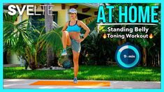 a woman is standing on a yoga mat in front of a house with the words at home