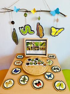 a wooden table topped with lots of buttons and magnets next to a tree branch