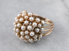 Antique or Vintage 14K Yellow Gold Cluster Ring, Natural Cultured Fresh Water Pearl, RARE Victorian Style Gold Ring for women Cocktail Gifts Vintage Inspired Clustered Pearls ring such as this beauty have been a Hollywood favorite for years, and it's easy to see why! Glamorous and eye-catching, this domed design is paved with shimmering pearls. A multi band design adds another stylish element to this statement ring. * PRODUCT DETAILS * - Made to order - Handmade - Metal : 925 Sterling Silver - R Pearls Ring, Silver Pearl Ring, Pearl Jewelry Design, Pearl Engagement Ring, Gold Rings Fashion, Gold Ring Designs, Gold Fashion Necklace, Gold Jewellery Design Necklaces, Jewelry Design Earrings