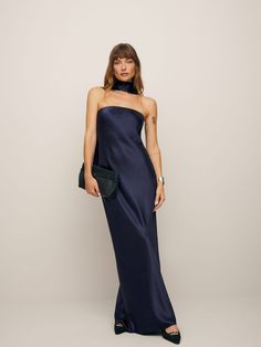 Oren Silk Dress - Strapless Bridal | Reformation Navy Ball, Summer Wedding Guest Dresses, 2024 Wishlist, Speed Ball, Tailored Clothes, Denim Midi Dress, Reformation Dress, Strapless Midi Dress, Navy Blue Dress