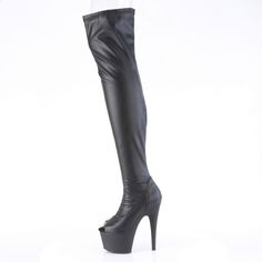 7" High Heel, 2 3/4" Platform Thigh High Boots. Peep Toe Front. Full Length Inner Side Zipper Closure. Black Stretch Faux Leather. Roda-3011 Thigh High Platform Boots, Stretch Thigh High Boots, Medieval Boots, Vegan Heels, Pirate Boots, 7 Inch Heels, Peep Toe Boots, Santa Boots, Goth Shoes