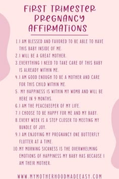 a pink poster with the words first time step pregnant affirmations on it's side