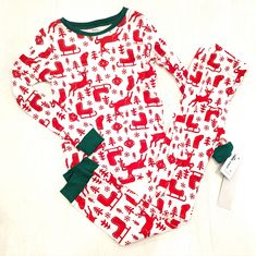 Carter's Unisex Kids Christmas Pajamas Reindeer Santa Sleigh Size 10 Unisex Snug Fit White With Green Bands And Red Christmas Reindeer And Santa Sleigh Print New With Tags Red Winter Sleepover Sets, Red Christmas Sleepwear For Bedtime, White Christmas Sleepover Sets, Festive Family Matching Red Sleepwear, White Christmas Sleepwear Sets, Red Festive Winter Sleepwear, White Christmas Bedtime Set, Red Holiday Sleepwear For Winter, Family Matching White Christmas Sleepwear