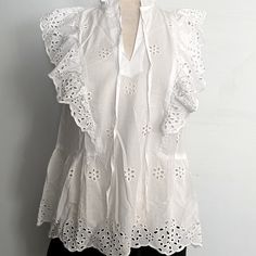 Beautiful H&M White Cotton Lace Ruffle Shirt. This Top Is Flirty, Feminine, And So Flattering When Paired With Skirt Or Denim. Perfect For Your Daily Wear, Outdoor Activities, Shopping And Even Dates. Size: Cotton Top With Broderie Anglaise And Ruffled Collar, White Ruffle Sleeve Top For Daywear, Cotton Ruffle Blouse For Brunch, Cotton Ruffles Blouse For Brunch, Feminine Summer Blouse With Broderie Anglaise, Summer Brunch Tops With Broderie Anglaise, Feminine Broderie Anglaise Blouse For Summer, H&m Blouse For Summer Workwear, Chic Sleeveless Tops With Broderie Anglaise