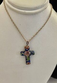 Vintage Cobalt Blue Cloisonné CROSS with Flowers 18” Chain | eBay Pretty Cross Necklace, Cross With Flowers, Vintage Cross Necklace, Jewelry Cross, The Chain, Cross Jewelry, Colourful Necklace, Vintage Costume Jewelry, Vintage Costumes