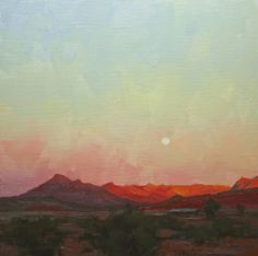 an oil painting of the desert with mountains and trees in the background at sunset or dawn