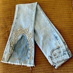 Brand New With Tags. Never Worn. Super Fashionable. Excellent Condition. Great Quality. Jeans Are Stretchy And Comfortable. Rhinestone Denim, Embellished High Rise Denim Jeans, Beaded Jeans, Frayed Jeans Outfit, Trendy High-waisted Embellished Jeans, Embellished Denim Blue Straight Leg Jeans, Luxury Embellished Denim Bottoms, Crystal Embellished Denim Jeans, Diy Lace Jeans