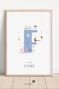 Poster met licht blauwe letter F op houten vloer Play Room Art, Letter Poster, Funny Illustrations, Colorful Nursery, Birthday Illustration, Alfabet Letters, Nursery Letters, Nursery Gift