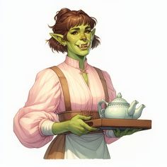 a woman holding a tray with a tea pot on it and an elf's head