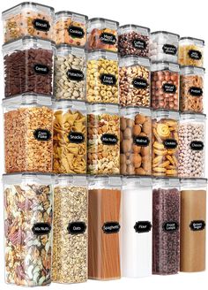 a large assortment of nuts and cereals in glass containers with labels on the side