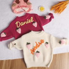 If you would like to add flowers or other patterns, or have other design ideas, please contact us. Pure Snow ❄️ : As pure as the first snow in winter, gently care for baby's delicate skin. Passionate cranberry 🔥 : Bright red, symbolizing the festive season and the vigor of the baby, wear it, the baby is the brightest star in the festival! The carefully woven light strawberry pattern on the sweater is full and vivid, as if emitting the sweet smell of nature. These lovely strawberries not only add fun to the sweater, but also imply that the baby's life is as sweet and colorful as strawberries🍓. Whether it's a Christmas gift🎄, a birthday gift🎁, or an everyday surprise🎉, this cute Christmas Strawberry Baby sweater is the perfect way to express love and care. It will carry your love and wa Cute Crew Neck Birthday Sweater, Cute Crew Neck Sweater For Birthday, Customizable Cute Crew Neck Sweater, Cute Customizable Crew Neck Sweater, Cute Sweater For Birthday In Winter, Personalized Cute Crew Neck Sweater, Personalized Pink Crew Neck Sweater, Customizable Long Sleeve Sweater For Gift, Personalized Pink Long Sleeve Sweater