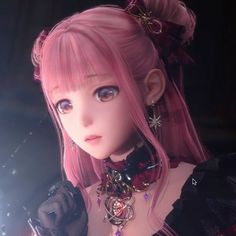 an anime character with pink hair and blue eyes