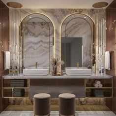 a bathroom with two sinks, mirrors and stools