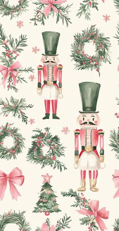 a nutcracker is standing in front of christmas wreaths and holly branches on a white background