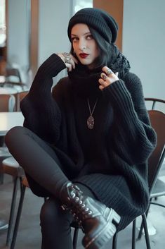 Gothic Cardigan Outfit, Classy Witchy Outfits, Holiday Goth Outfits, Alternative Style Over 40, Modern Alt Fashion, Elegant Alternative Style, Goth Christmas Outfit Winter, Winter Witch Aesthetic Fashion, Modern Goth Outfits Simple