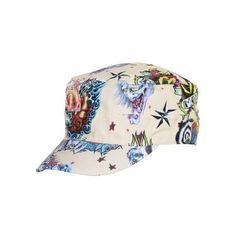 a white hat with tattoos on it and stars around the brimmed visor