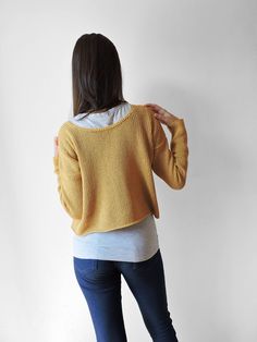 "Women's Cotton Cardigan Sweater, Open Back Sweater, Hand Knitted Sweater 2 in 1- cardigan and open back sweater. Soft and cute, you can wear it as a casual cardigan or as a backward cardigan, like a blouse. Here shown in ochre, denim blue and claret. You can choose any of our colors shown in the samples! Knitted with great care in smoke-free & pet-free environment! Yarn: - 80% cotton - 20% acrylic Measurements: XS (US 0-2; UK 4-6; EU 32-34) length - 45 cm ( 17.7\" ) sleeve length - 56 cm ( Knitted Long Sleeve Tops For Fall, Casual Long Sleeve Hand Knitted Pattern, Casual Long Sleeve Hand Knitted Sweater, Casual Long Sleeve Knitting Pattern, Cozy Long Sleeve Knitted Tops, Cozy Hand Knitted Long Sleeve Tops, Casual Knitting Sweater For Layering, Hand Knitted Tops For Fall, Cozy Long Sleeve Hand Knitted Tops