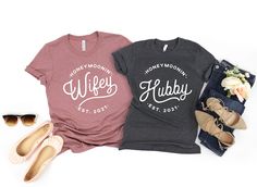 "Wifey Hubby Last Name & EST. Year Personalized, Honeymoon Shirts, Couples Shirts, Honeymoon Shirt, Husband Wife Shirt, Just Married T-Shirts 📢Please Check All Photos For Details.   📢Choose Your T-Shirt Size From The Drop-Down Lists Next To The item Picture   📢Choose Of Your T-Shirt Color From The 2nd Picture   📢Use \"Add message to Seller\" link On The Checkout Page To Send me the Following important Details For Your Order's Customization.   📢Shipping Time Varies by location (we are locate Mr Mrs Shirts, Newlywed Shirts, Mrs Shirts, Couples Shirts, Honeymoon Shirts, Mrs Shirt, Sugar Land, Couple Shirts, Just Married