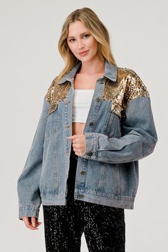 Gee Gee Washed look soft and comfy jean denim jacket with gold sequins accents on shoulders and pocket flaps. Extra Long sleeves, button up, collared, chest pockets. Southwest vibes. Casual and classy. It's a must have layer piece coat jacket. Color: Gold Combo Sizes: S-M-L J2-1/SJ1876 Casual Long Sleeve Denim Jacket With Sequins, Denim Long Sleeve Outerwear With Sequins, Long Sleeve Denim Outerwear With Sequins, Casual Denim Outerwear With Sequins, Denim Long Sleeve Jacket For Night Out, Denim Sequined Long Sleeve Outerwear, Denim Outerwear For Night Out In Fall, Trendy Long Sleeve Denim Jacket With Sequins, Trendy Long-sleeve Denim Jacket With Sequins