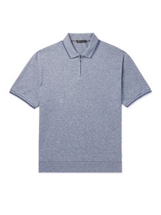 Blue Tops With Ribbed Collar, Blue Collared T-shirt With Ribbed Collar, Blue Top With Ribbed Collar For Summer, Blue Polo Collar Top With Placket, Blue Polo Collar Top With Ribbed Detail, Blue Short Sleeve Cotton Polo Sweater, Blue Short Sleeve Tops With Ribbed Collar, Blue Short Sleeve Top With Ribbed Collar, Fitted Blue Polo Sweater With Short Sleeves