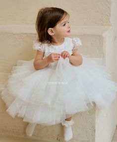 Teter Warm Couture Baptism Christening Special Occasion Lace Tulle Dress Fitted Short Sleeve First Communion Dress, Classic Short Sleeve Dress For Baptism, Fitted First Communion Dress With Short Sleeves, Fitted Short Sleeve Baptism Dress, Elegant Short Sleeve Dress For First Communion, White Cap Sleeve Dress For Wedding, Fitted Short Sleeve Baptism Dress With Ruffles, Elegant Short Sleeve Baptism Dress, Elegant Short Sleeve First Communion Dress