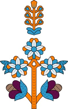 an orange, blue and white flower with leaves in the middle is shown on a white background