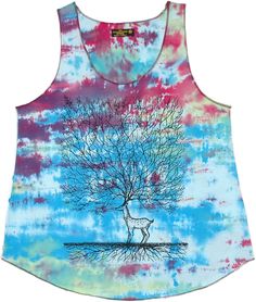 Summer can be led in the most fun way with this vibrant and cheerful tank top.  With a tie-dye style backdrop of blue, red, and lime; it serves as the perfect canvas for a silhouette of a tree - the tree of life, symbolizing connecting all forms of creation. #tlb #Sleeveless #Yoga #vacationclothing #beachwrap #TieDye #TreeofLifeShirt Casual Multicolor Printed Tank Top, Casual Printed Festival Tank Top, Blue Casual Tank Top For Festival, Casual Printed Tank Top For Festivals, Casual Blue Tank Top For Festivals, Casual Cotton Tank Top For Festivals, Fun Blue Tank Top For Summer, Printed Acid Wash Summer Tops, Acid Wash Printed Tops For Summer