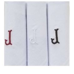 The personalized cotton handkerchiefs come boxed in a set of 1 or 2 Set of Three and each one is embroidered with a single initial in navy, burgundy and silver. Functional and elegant, they are an essential accessory for every traditional man. The soft 100% cotton Hanky is 16 Inch x 16 Inch and finished with a rolled, stitched edge. Traditional Man, Monogrammed Handkerchiefs, Tie Men's, Letter J, Initial Letter, Initial Letters, 1 Or 2, Monogram Initials, 2 Set