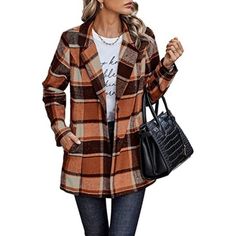 Winter Tartan Trench Coat With Pockets Short Style Orange Size M Bust 44.10"-----Length 36.22"-----Sleeve Length 18.39" Size L Bust 46.85"-----Length 37.01"-----Sleeve Length 18.66" 100% Polyester Imported Button Closure Machine Wash Comfy Material: The Plaid Shacket Jackets Is Made Of Lightweight And High Quality Fabric, More Soft To Touch And Cozy To Wear. This Tartan Coat More Durable Enough For Your Daily Wear. Unique Details: This Casual Shacket Jacket Features In Plaid Pattern, The Classic Fall Blazer With Pockets, Fall Brown Blazer With Pockets, Casual Brown Blazer For Fall, Brown Blazer With Lapel Collar For Fall, Brown Lapel Collar Blazer For Fall, Military Trench Coat, Black Hooded Coat, Tartan Coat, Pink Raincoat