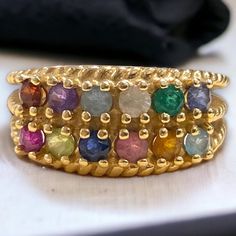 BEAUTIFUL Estate 14K Yellow Gold Multi Gemstone MOTHERS RING Size 7  Gorgeous vintage ring! Crafted expertly in solid 14k yellow gold, with twelve (12) assorted multi colored gemstones! * Weighs 6.1 grams * Ring measures approximately 9mm at widest point * Size 7 Please message me with any questions Shipped FAST and FREE, fully insured and in a gift box :) I guarantee item to be exactly as described and pictured. Mothers Ring, Gold Apple, Colored Gemstones, Mother Rings, Gold Gift, Ring Crafts, Black Gift Boxes, Cross Charms, Multi Stone Ring