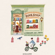 an illustration of a man riding a bike in front of a bookshop with flowers and birds