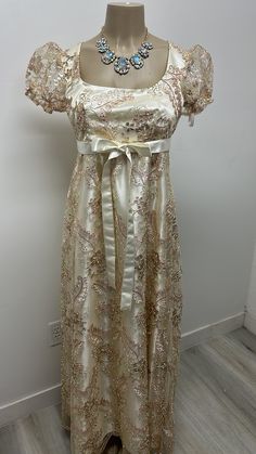 Regency Era/bridgeton Inspired Ball Dress/costume - Etsy Gold Regency Dress, Regency Prom Dress, Regency Victorian Dress For Debutante Ball, Tea-length Satin Wedding Dress, Elegant Formal Ball Gown For Mother Of The Bride, Elegant Tea Length Wedding Gown, Elegant Tea-length Wedding Gown, Gold Satin Dress For Banquet, Gold Satin Dress For Banquets